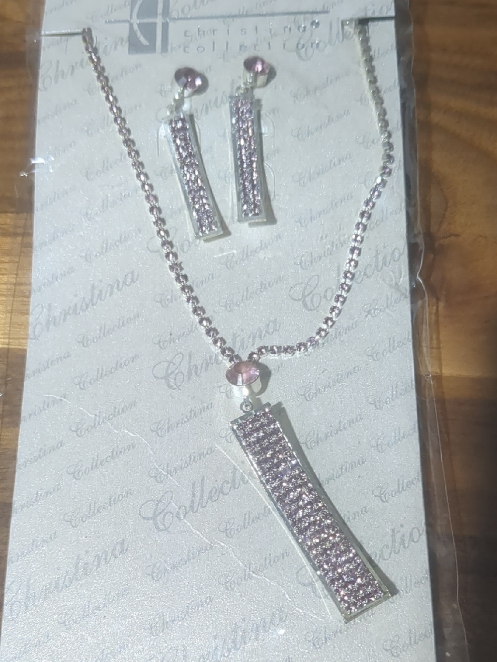 Christina Pink Crystal Bar Pendant Necklace with Matching Earrings